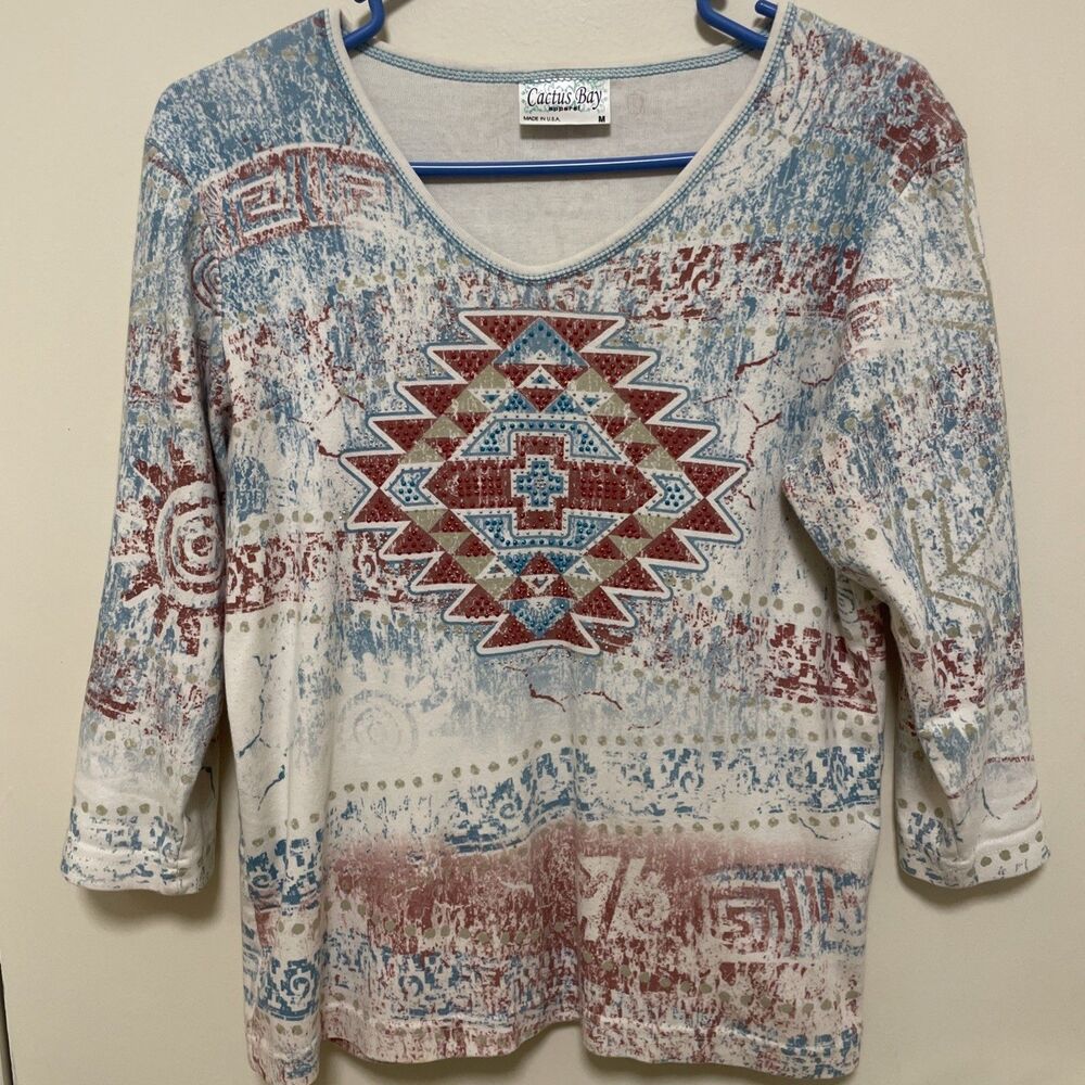 Cactus Bay Womens Boho Aztec Print Top V Neck White Blue Tunic 3/4 Sleeve Med